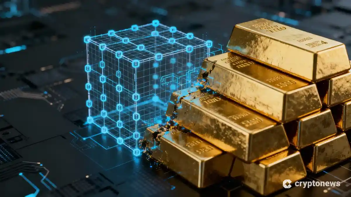 積み上げられた金の延べ棒とデジタルグリッドが融合した金融イメージ