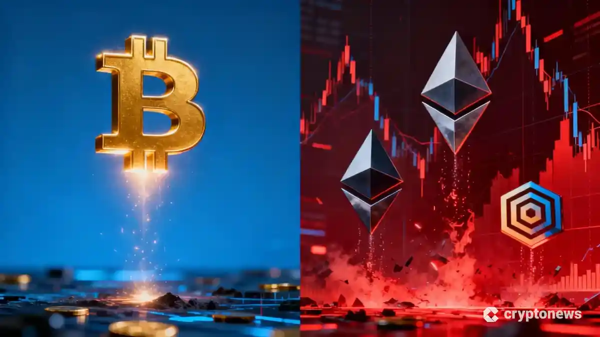 ビットコインの上昇とアルトコインの下落を示す対照的な市場チャートのイメージ