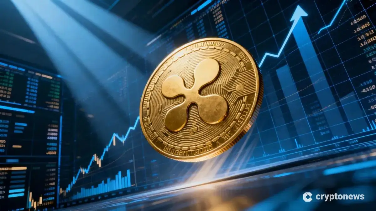 上昇トレンドを示す金融データを背景に、大きく配置されたXRPのシンボル