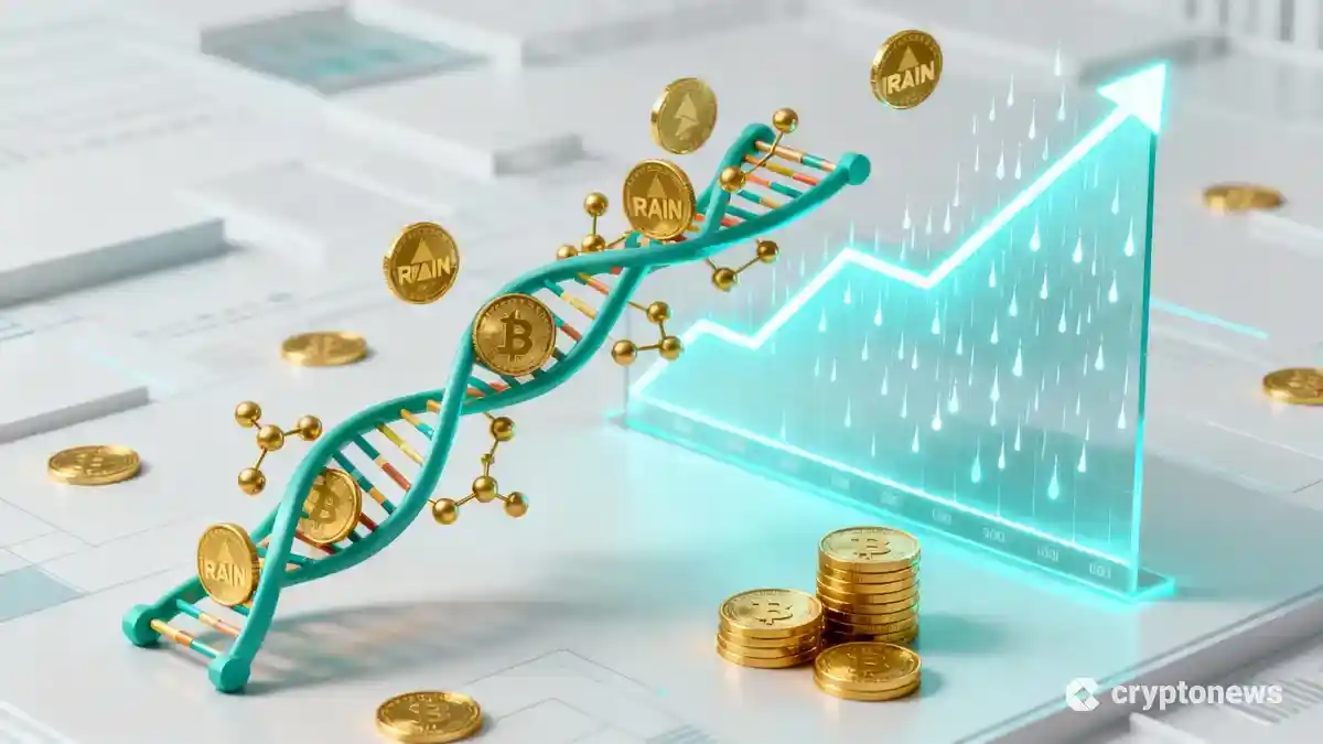 バイオテクノロジー企業が予測市場トークンRAINへ投資する様子を表すDNAとコインの3Dイラスト