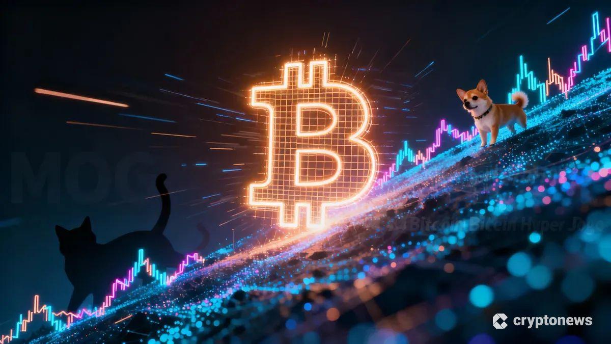 上昇するチャートを背景にビットコインの進化とミームコインの台頭を象徴するデジタルアート