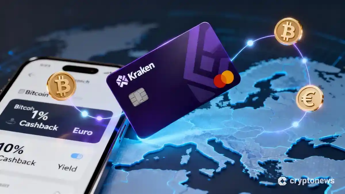KrakenとMastercardが提携した新しいデビットカードと欧州地図の3Dイメージ