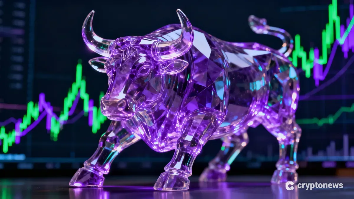 紫色の輝きを放つ雄牛の像と上昇するチャートで表現されたMonad（MON）の強気相場イメージ