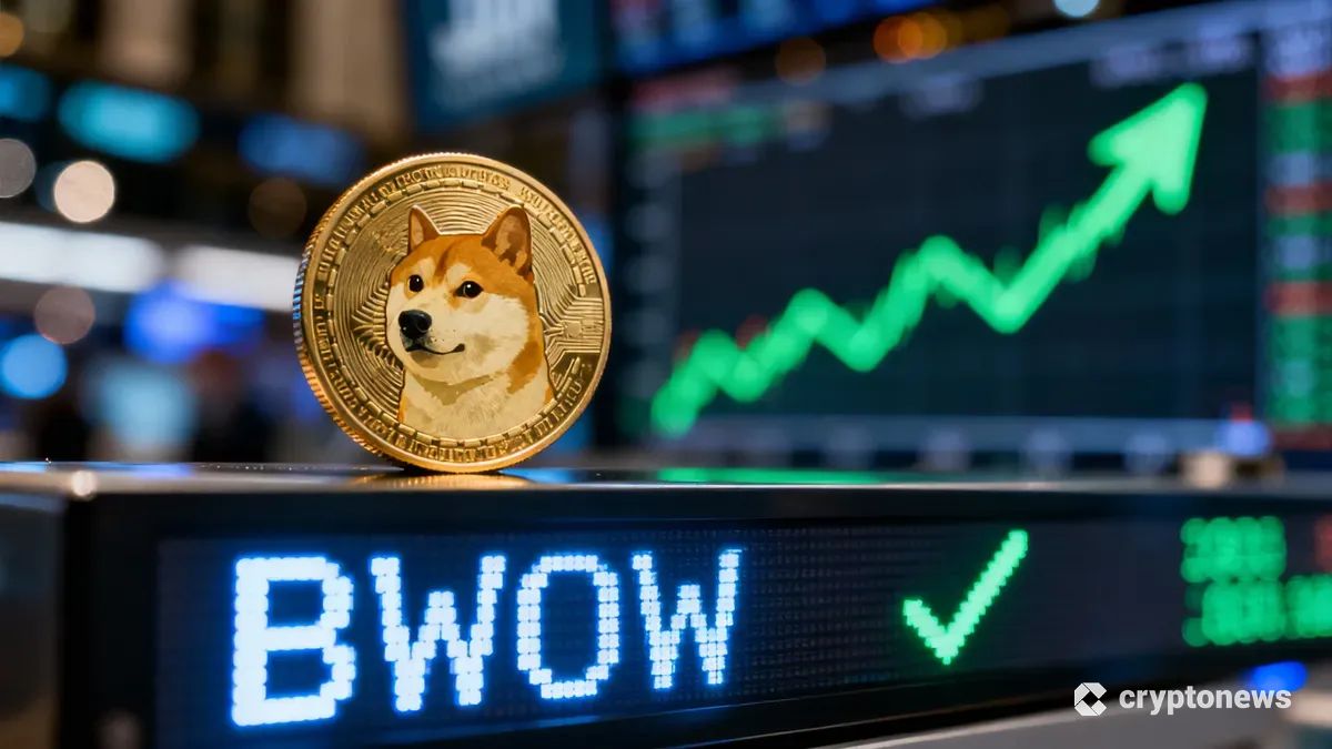 NYSEのティッカー画面に表示されたBWOWとドージコインのイメージ