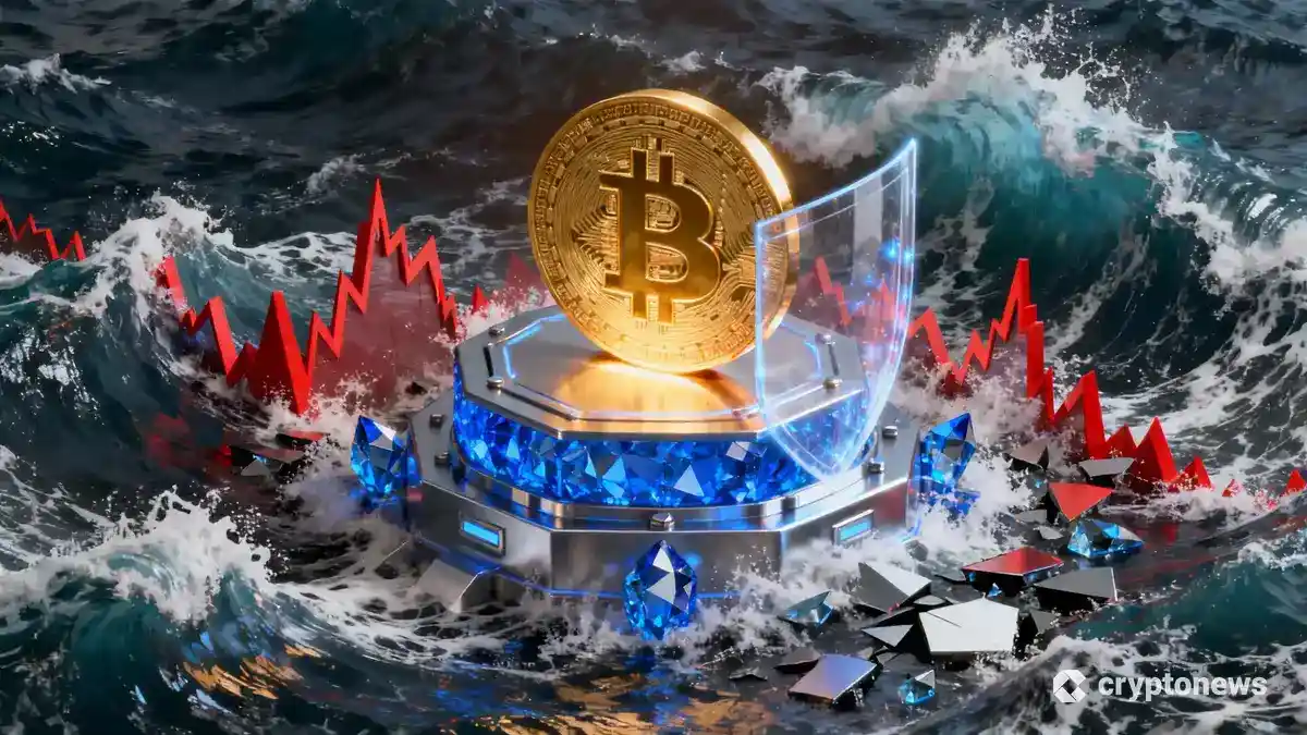 市場の混乱から守られたビットコインと強固な財務基盤を示す3Dイラスト