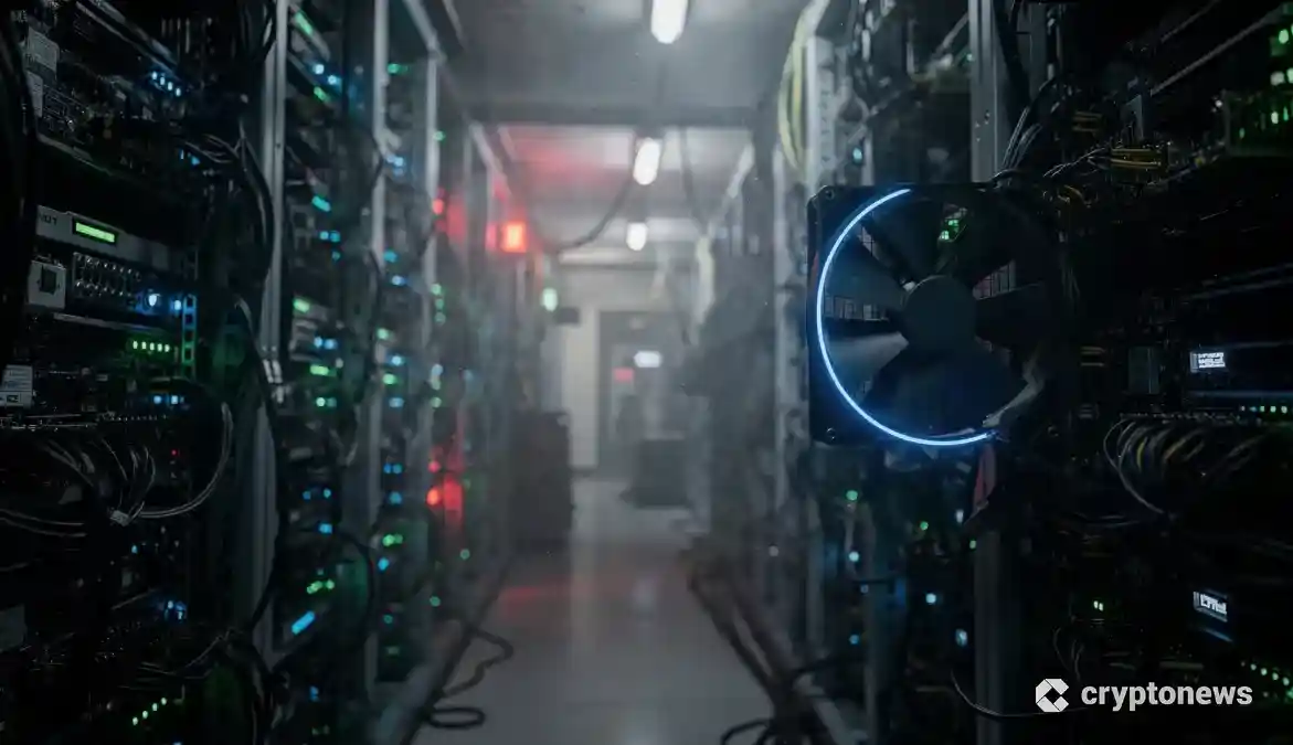 薄暗い照明の中で稼働停止している区画があるビットコインマイニングファームのサーバーラック