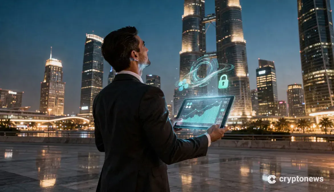 夕暮れのアブダビの高層ビル群を背景に、デジタル金融デバイスを持つビジネスパーソン