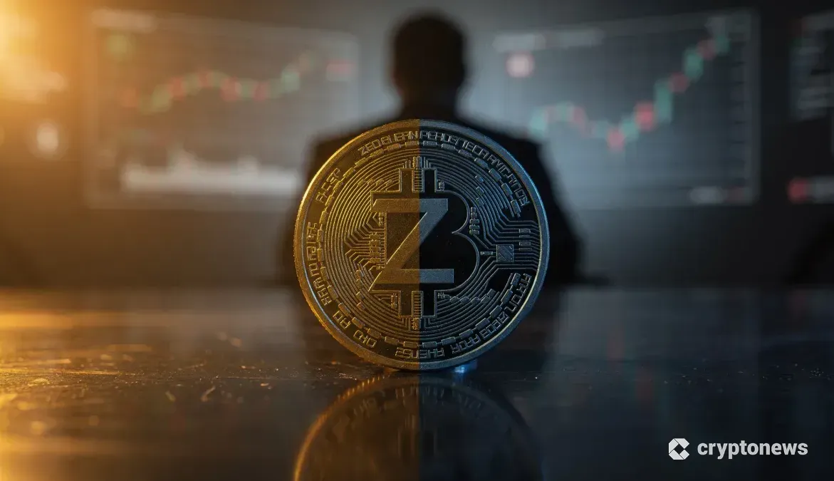 光と影の狭間でバランスを保つZcashコインと、それを見つめる人物のシルエット