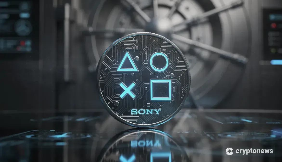 ソニーのブランドカラーで輝くデジタルコインと背後の近未来的な銀行金庫