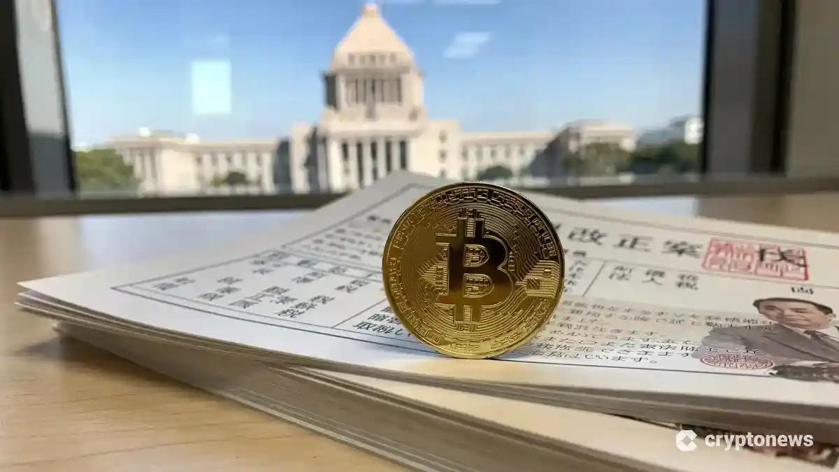 日本の国会議事堂を背景に、税務書類の上に置かれたビットコイン