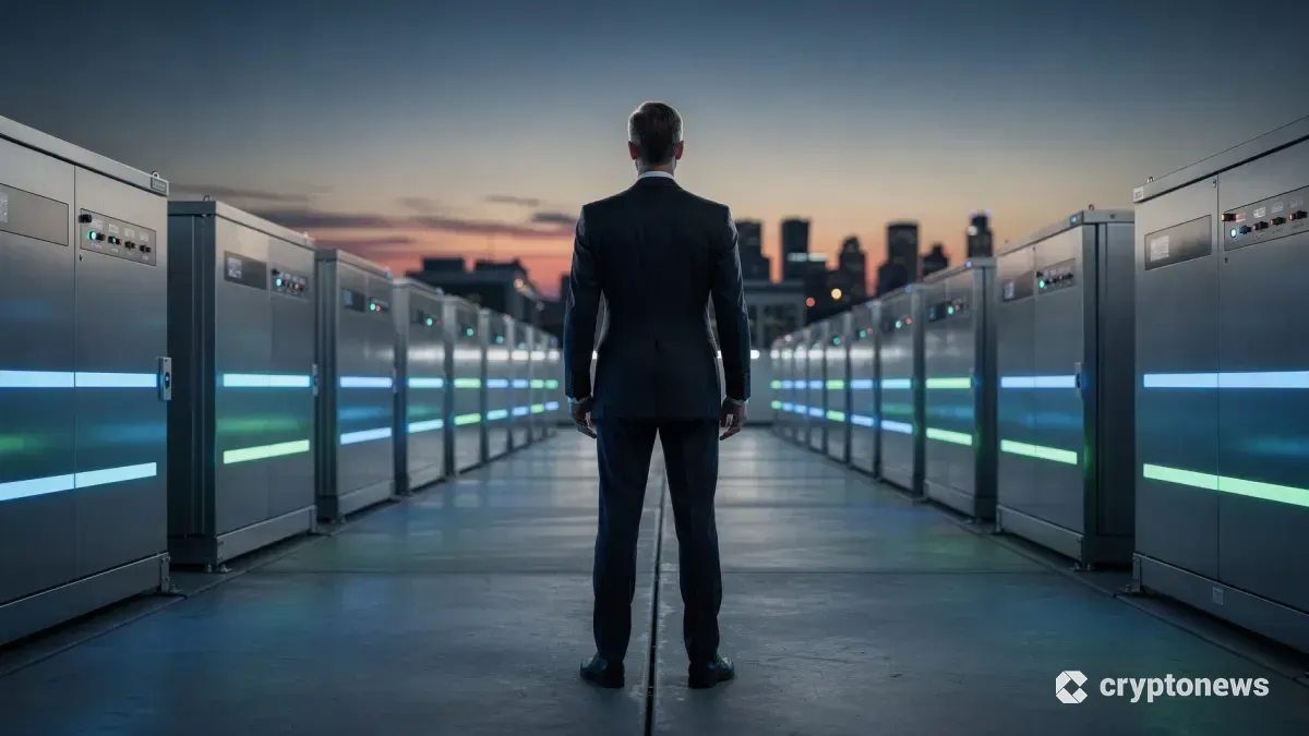 夕暮れ時に大規模な産業用蓄電池施設を視察するリミックスポイントの経営幹部の後ろ姿