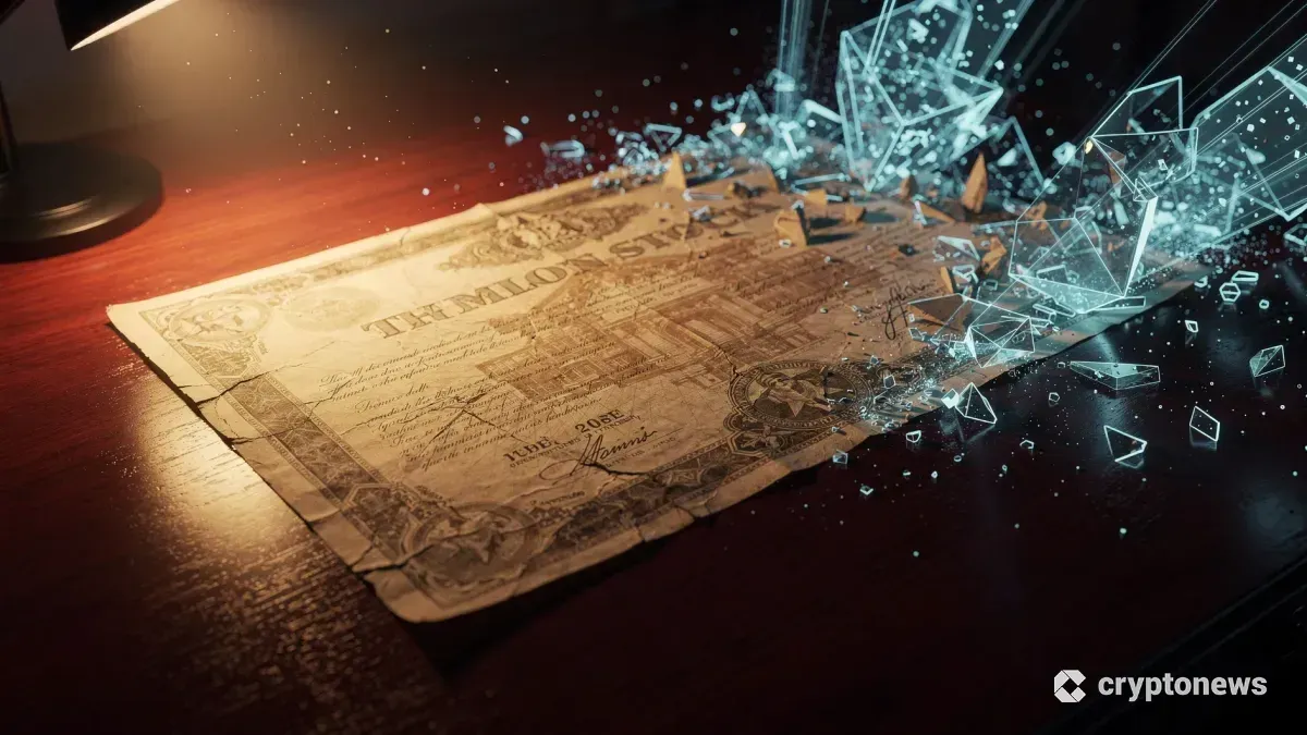 紙の株券がデジタルの光の粒子へと変化していく様子、伝統金融とブロックチェーンの融合