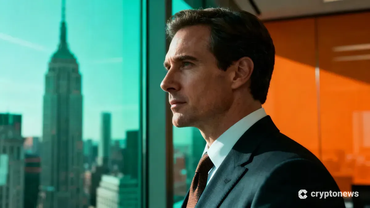 金融街の高層ビルを見つめるスーツ姿の機関投資家の横顔