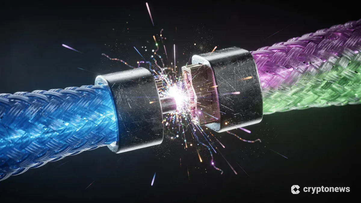 Baseとソラナのネットワーク接続を象徴する、青と紫の光を放つケーブルが結合する瞬間のクローズアップ