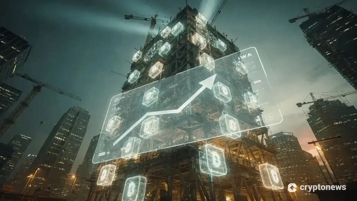 デジタルと現実が融合した近未来的なビルと上昇するロードマップのホログラム