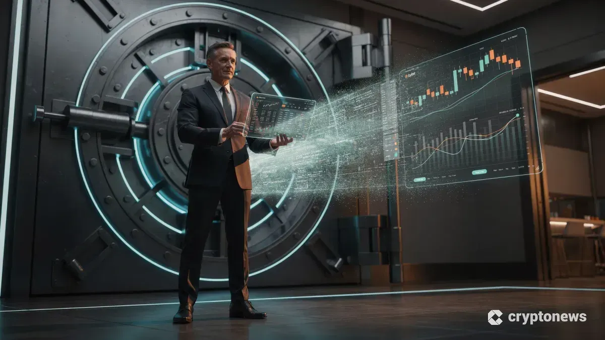 巨大なデジタル金庫の前に立つスーツ姿の投資家が、ホログラムタブレットでBybitの取引画面を操作している様子