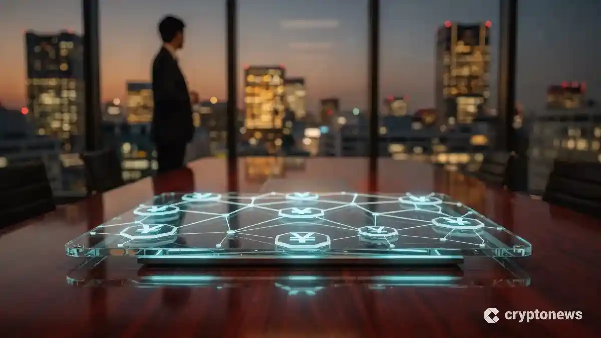 三菱UFJなどが開発する日本初のトークン化MMFをイメージした、伝統的な金融オフィスと近未来的なデジタルインターフェースの融合