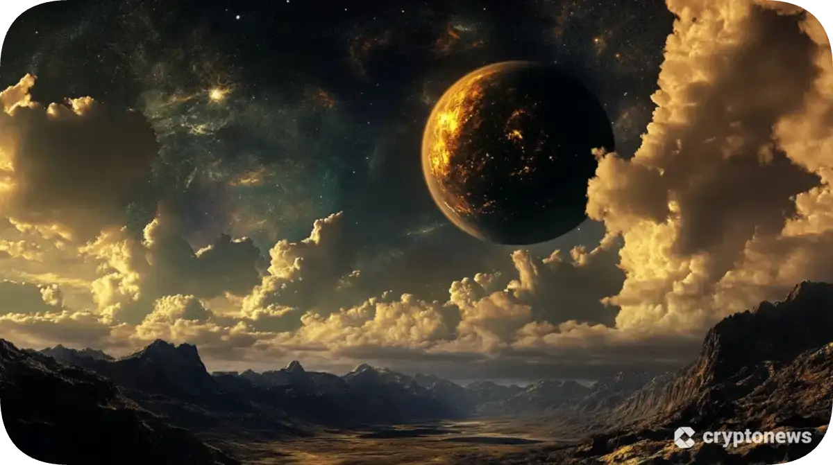 黄金に輝く巨大惑星と荒涼とした大地が広がるSF宇宙風景