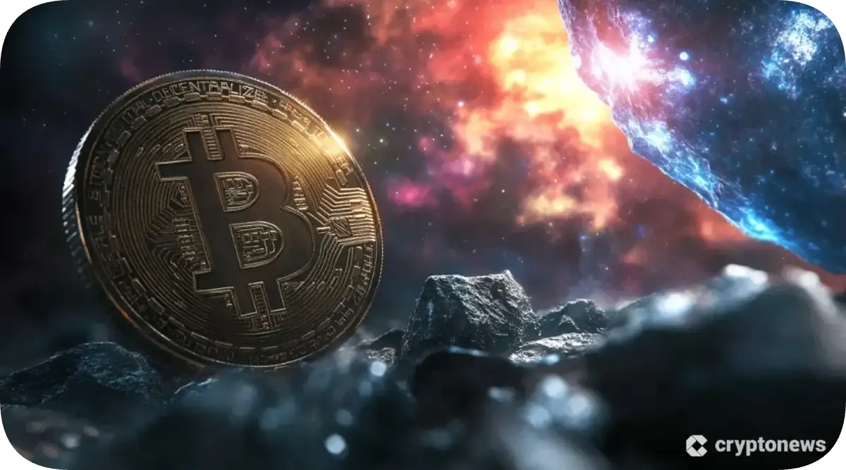 宇宙空間で発光する小惑星と金色のビットコインが並ぶSFアート