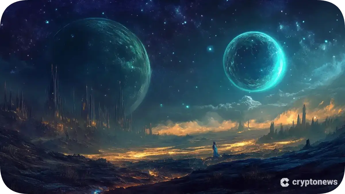 双子の惑星が浮かぶ夜空と火山地帯に佇む人物のSFファンタジー風景