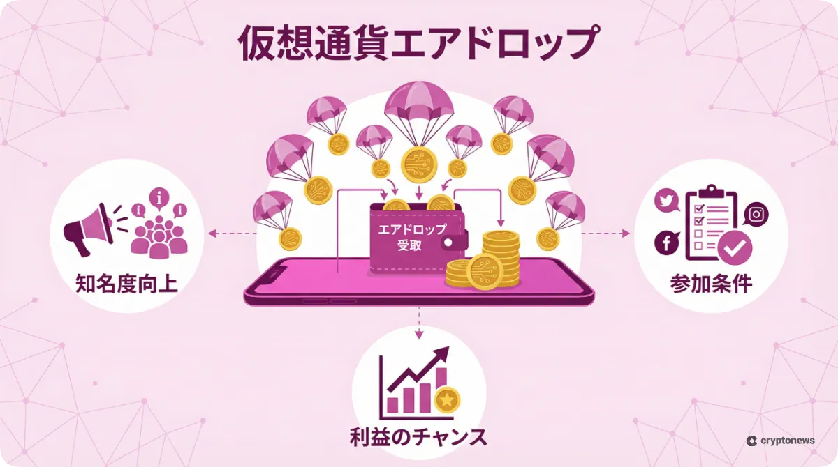 仮想通貨エアドロップの仕組みと特徴を解説した図解