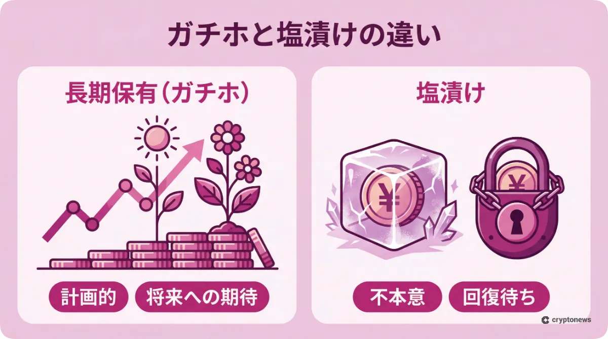 仮想通貨の長期保有と塩漬けの違いを比較したインフォグラフィック