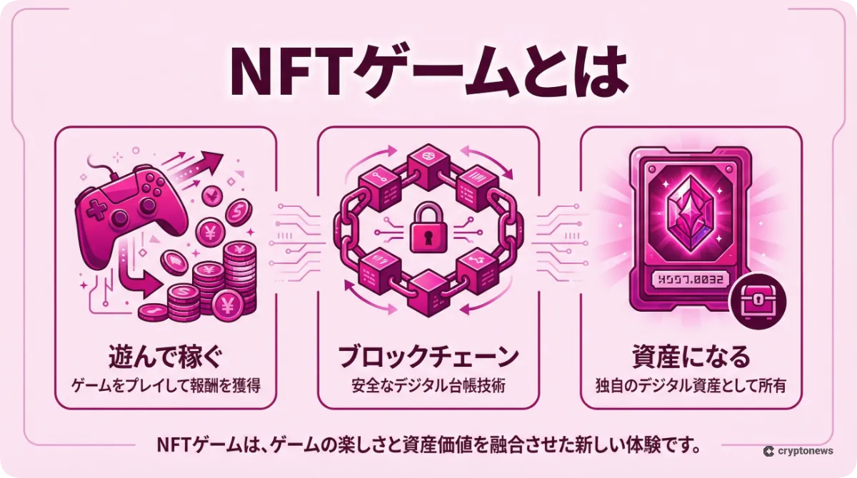 NFTゲームの仕組みと特徴を解説したインフォグラフィック