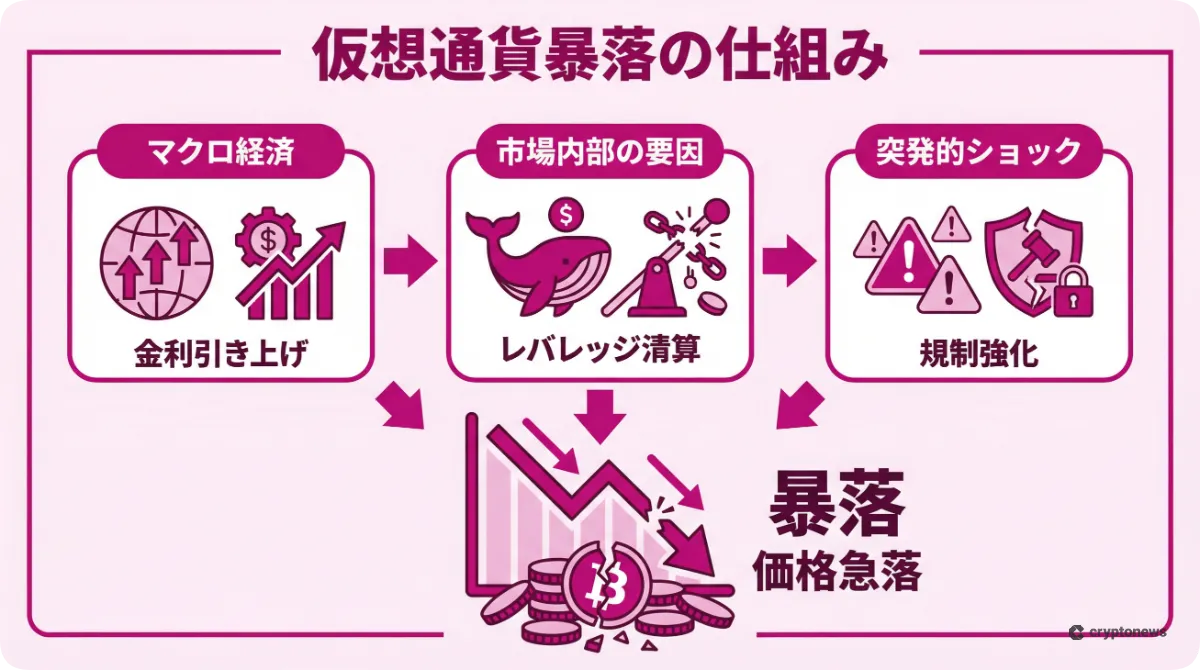 仮想通貨が暴落する3つの仕組みと要因を解説したインフォグラフィック