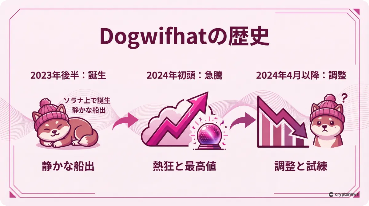 Dogwifhat（WIF）の誕生から急騰、調整局面までの歴史を解説したインフォグラフィック