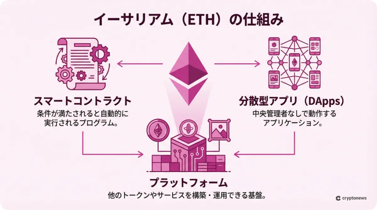 イーサリアム(ETH)の仕組みとスマートコントラクト等の特徴を解説した図解