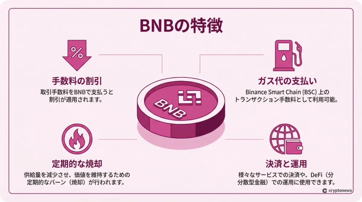 バイナンスコインの主な特徴と用途をまとめたマゼンタ色の図解