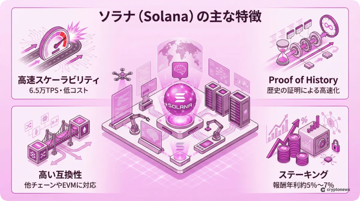 ソラナ(Solana)の4つの特徴を解説したインフォグラフィック