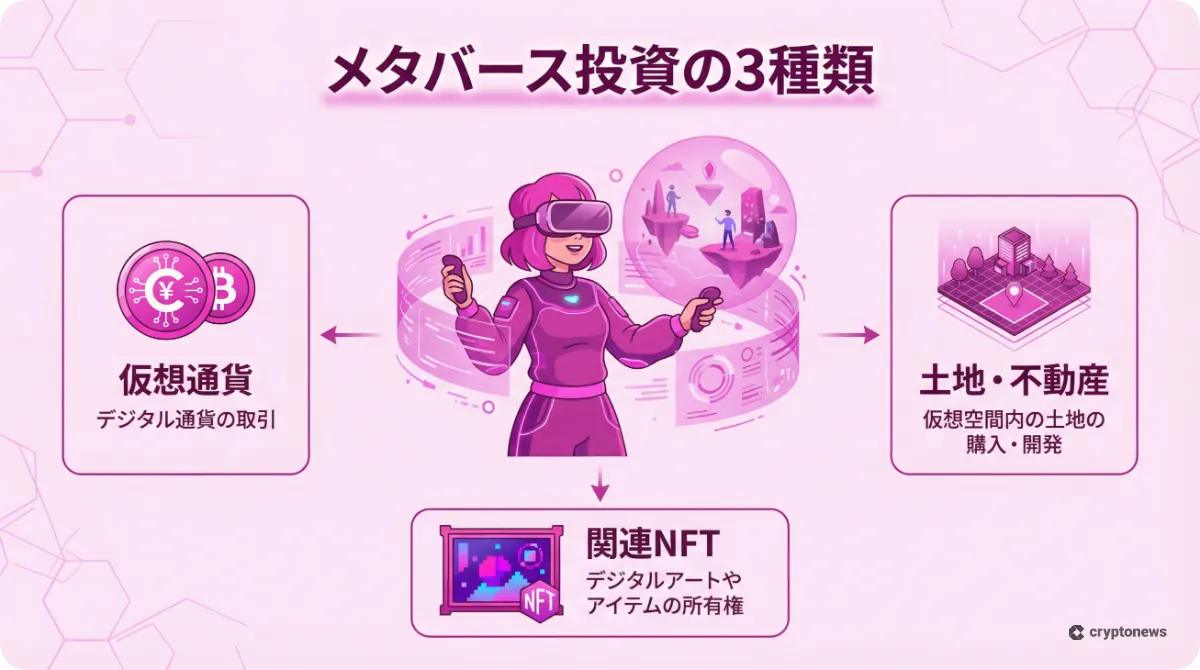 メタバース投資の3種類である仮想通貨・NFT・土地とVRで遊ぶ少女の図解