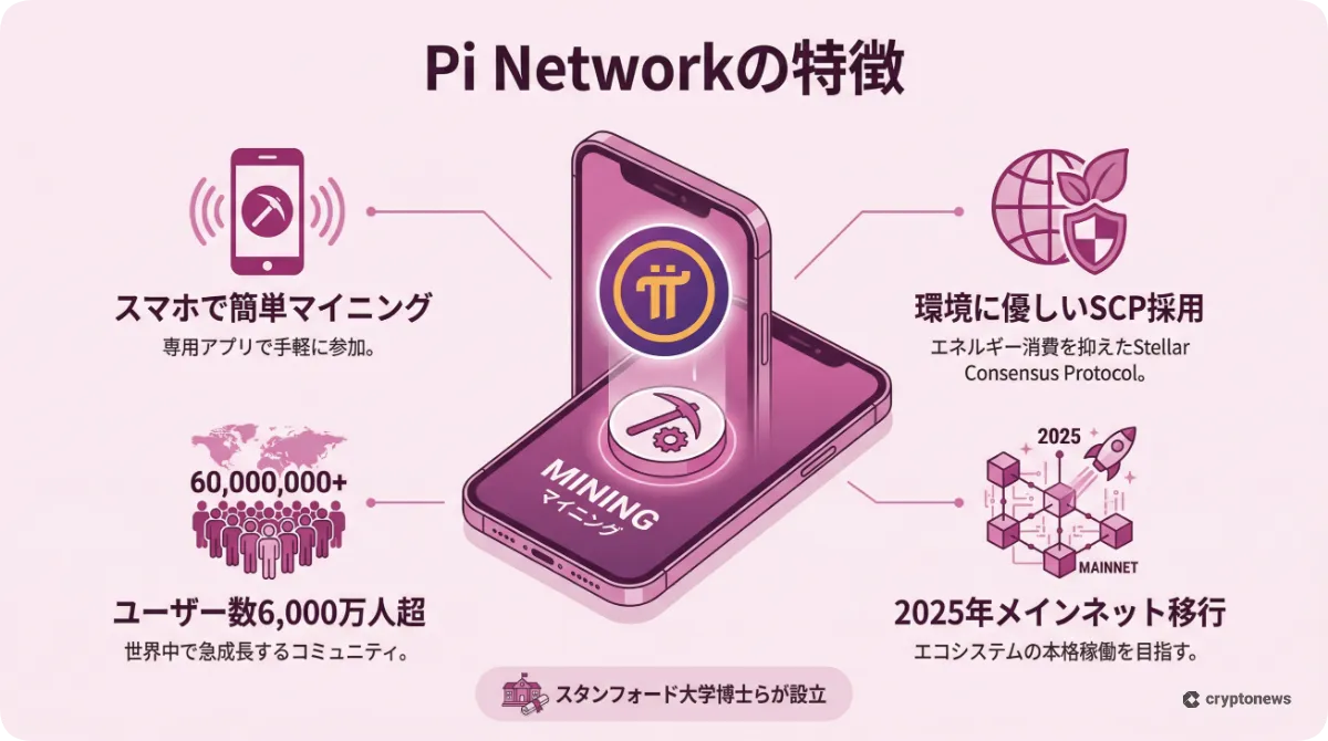 Pi Networkのスマホマイニングや特徴を解説した図解