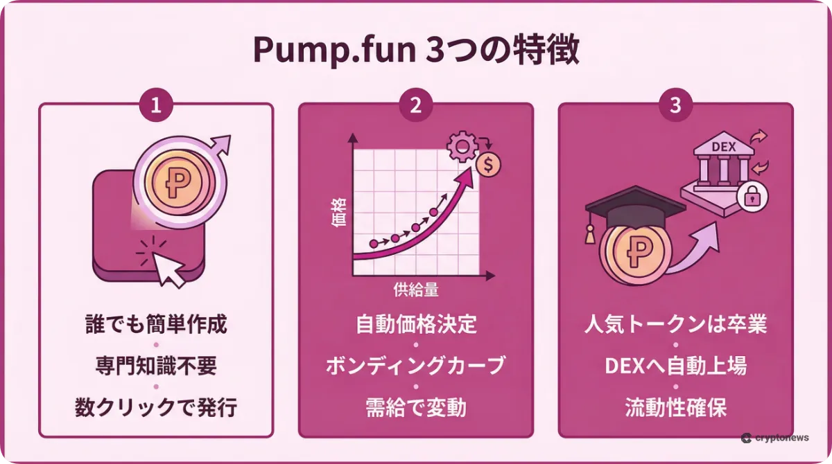 Pump.funの3つの特徴である簡単作成、自動価格決定、卒業制度を解説したインフォグラフィック