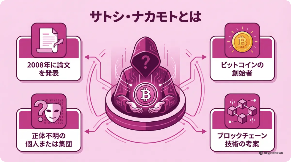 サトシ・ナカモトの概要と功績を解説したインフォグラフィック