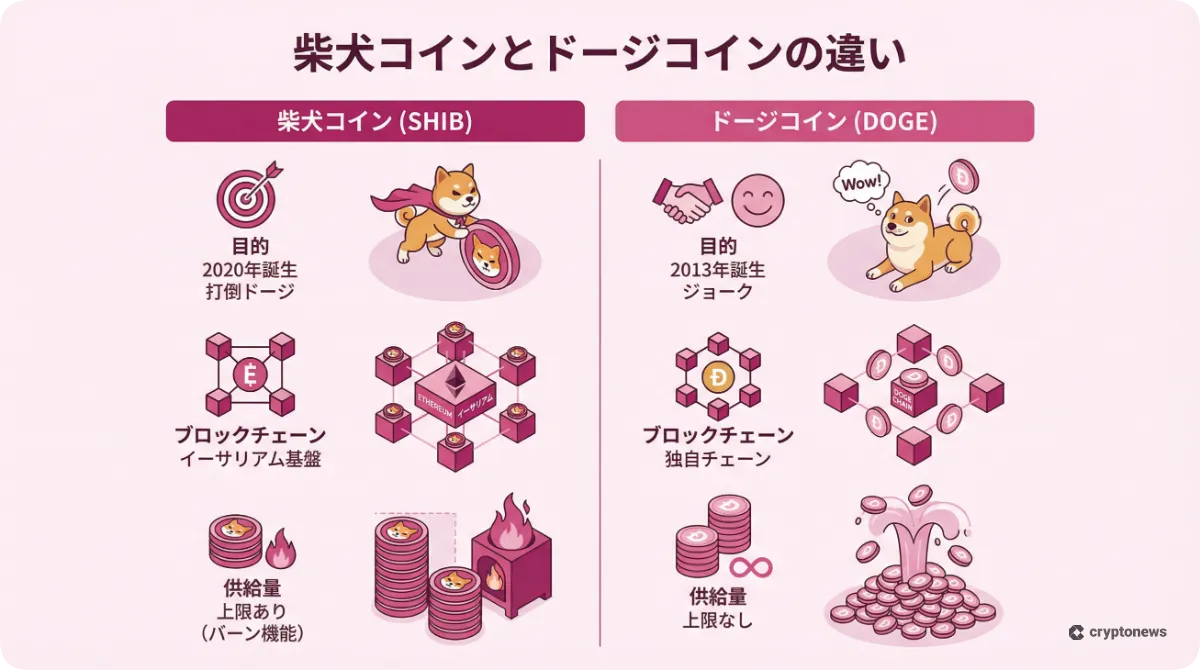 柴犬コインとドージコインの違いを比較したインフォグラフィック