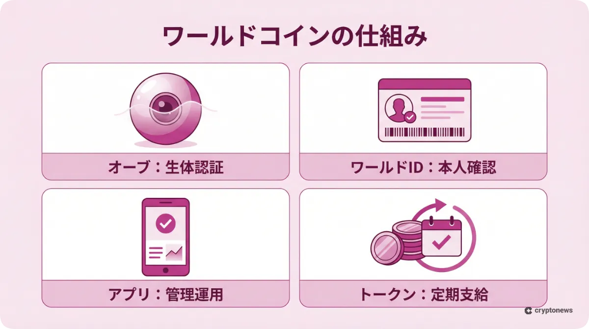 ワールドコインの構成要素とベーシックインカムの仕組みを示す図解