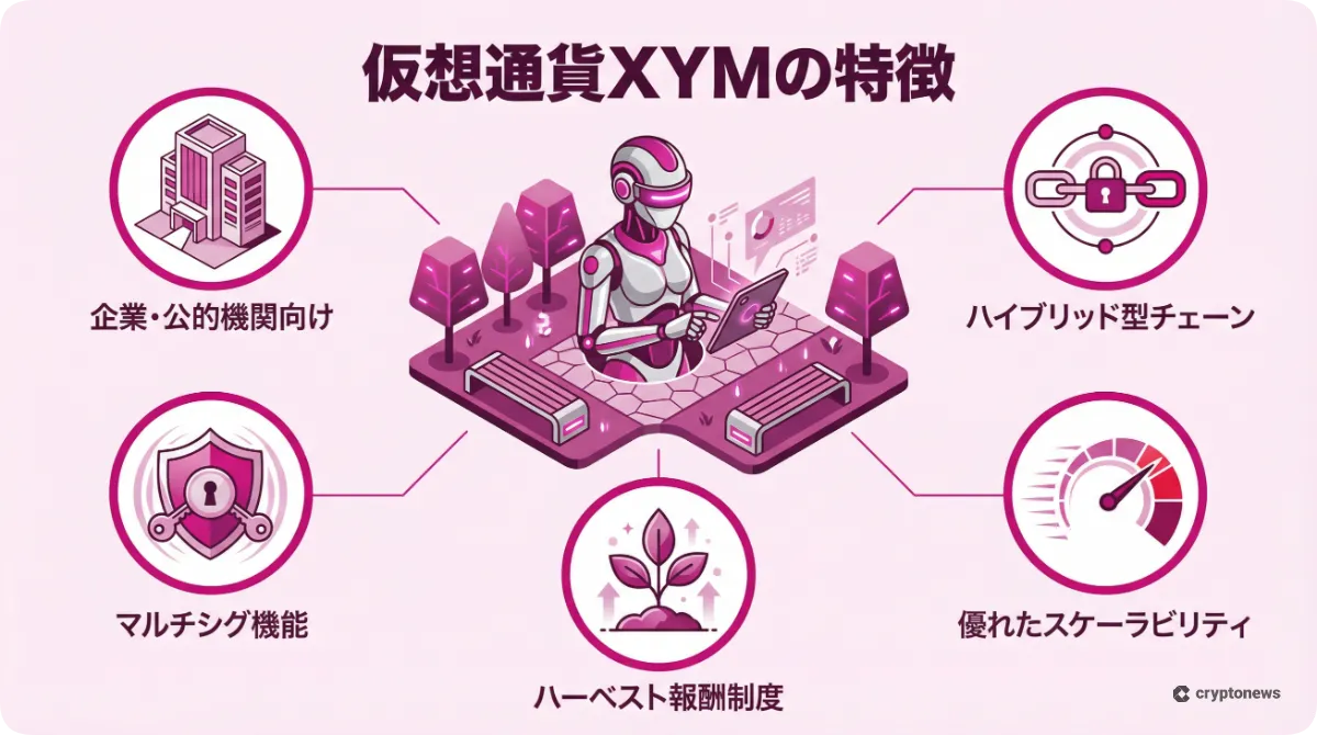 仮想通貨シンボル(XYM)の5つの特徴を解説したインフォグラフィック