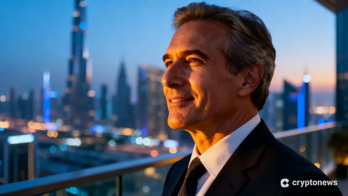 ドバイの夕暮れを背景に自信に満ちた表情で市場の夜明けを見据える金融ストラテジスト