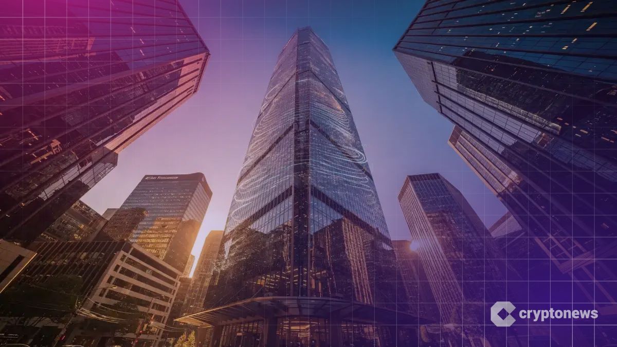 金融街の摩天楼を見上げる構図、リップルの成長と金融大手との連携を象徴するビル群