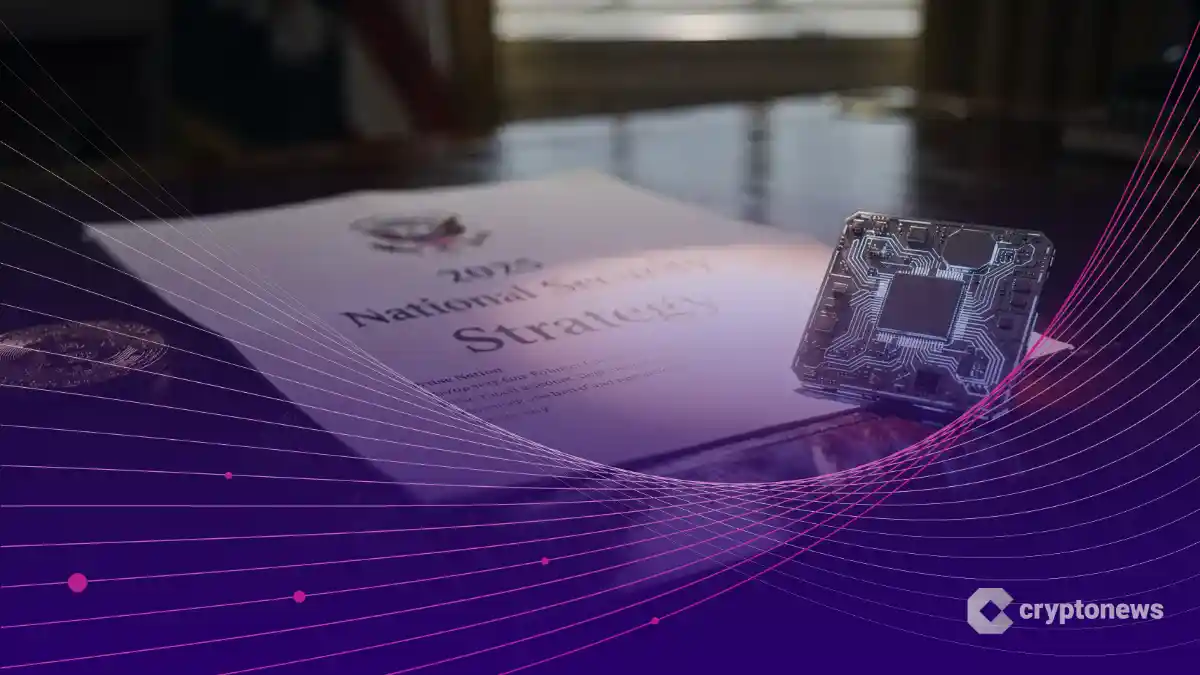 米国の2025年国家安全保障戦略文書の横でAIチップが光り輝き、ビットコインが影に置かれている様子
