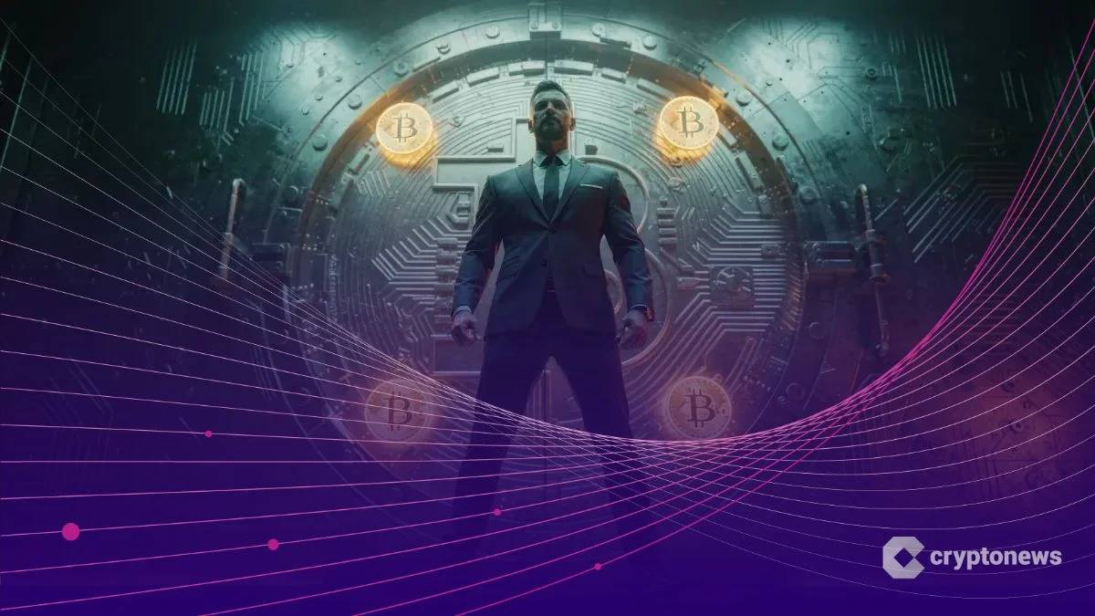 巨大なデジタル金庫の前に自信を持って立つCEOとビットコインの輝き