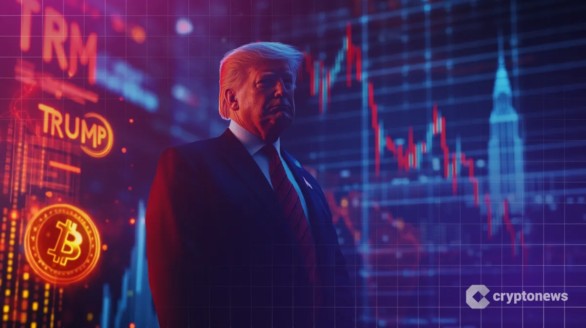 ビットコインチャートの前に立ち、不適な笑みを浮かべるトランプ大統領