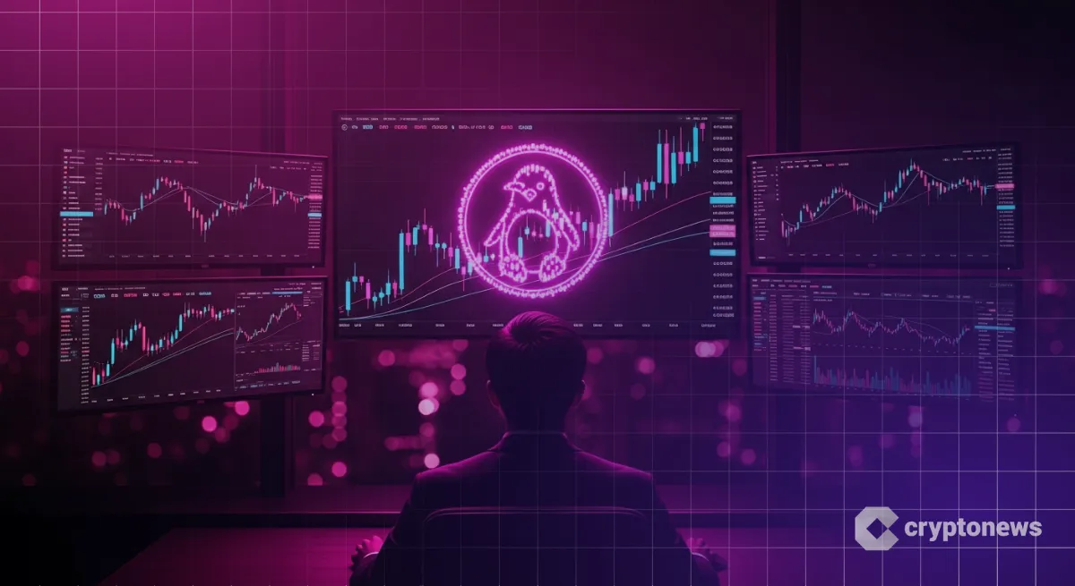 モニターに映るチャートとペンギン形アイコンのPenguトークン