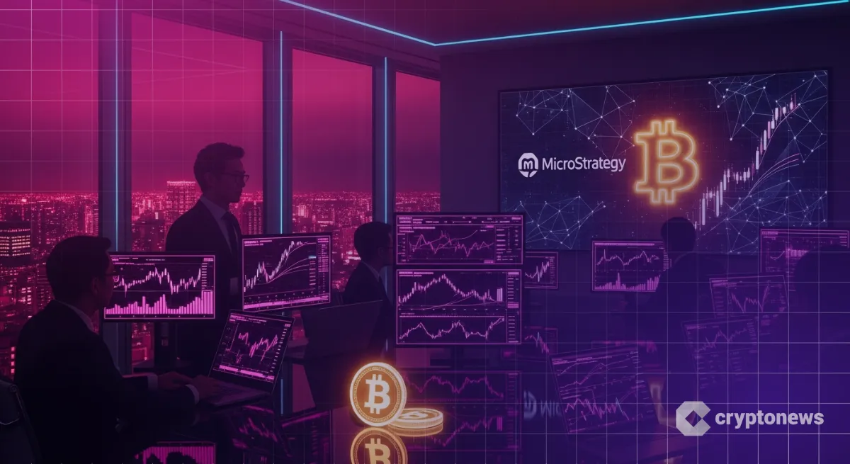 MicroStrategyロゴとBTCチャートが映るモニター