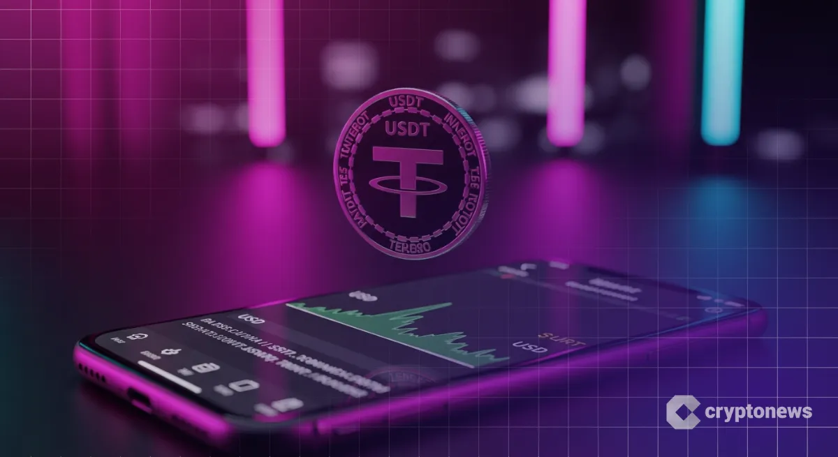 USDT(テザー)ロゴのメタルコインと安定した米ドル建てチャートのスマホ画面