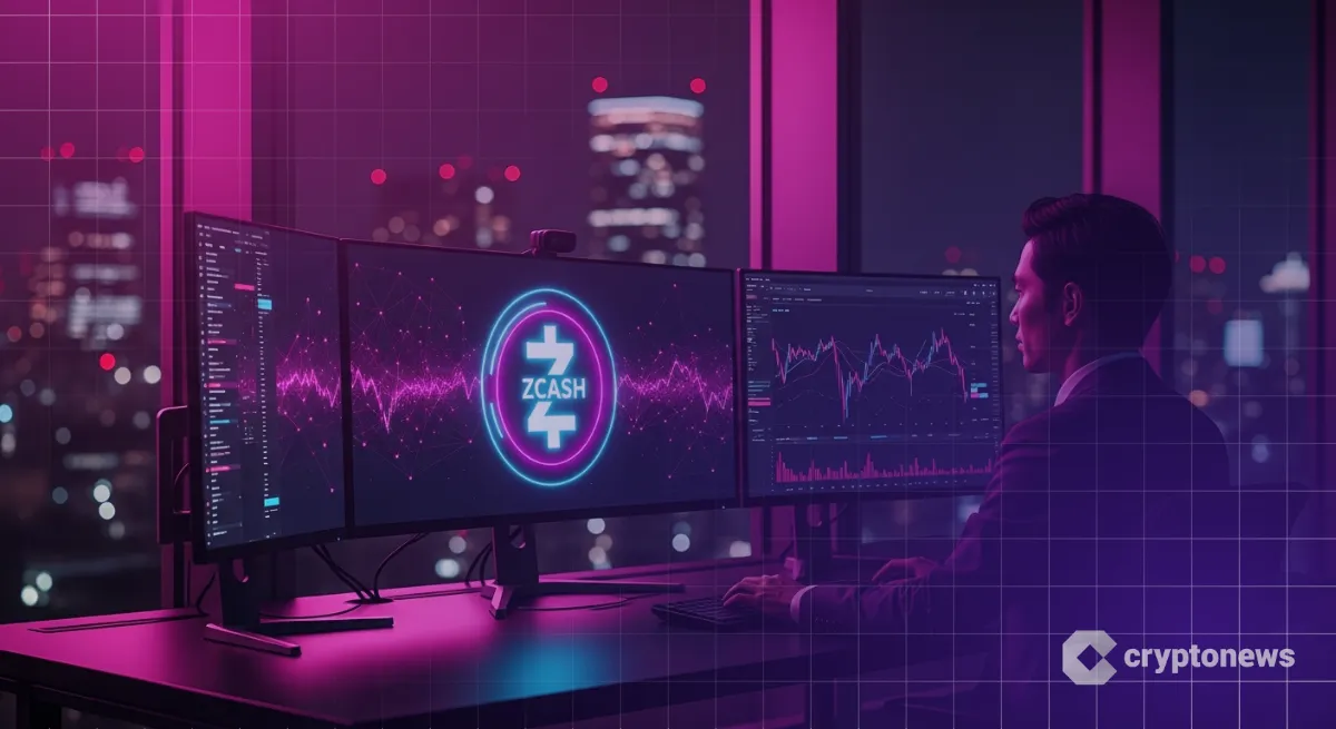 Zcashロゴと価格チャートを見つめるトレーダー