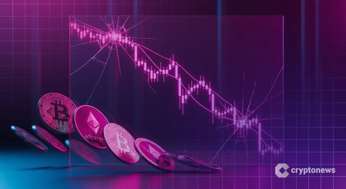 ひび割れたガラスと滑り落ちるコインで象徴する仮想通貨の暴落