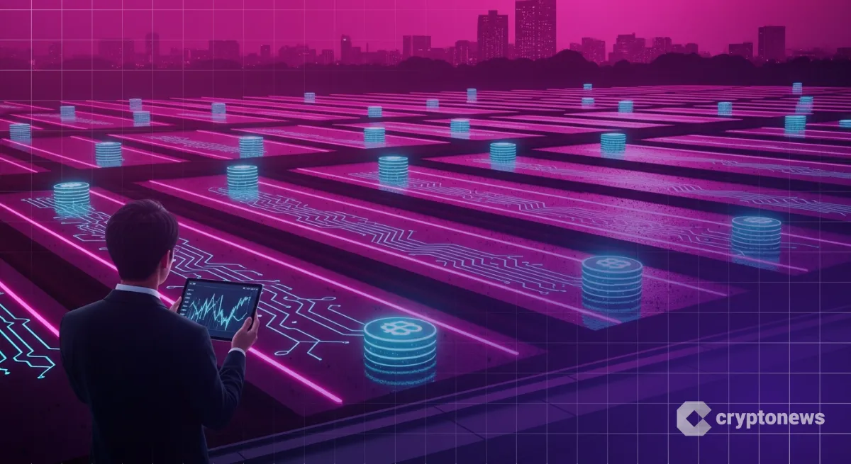 マゼンタと黒のデジタル田んぼを見下ろす仮想通貨イールドファーミングのイメージ